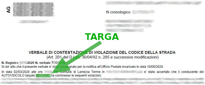 Immagine che descrive come recuperare la targa